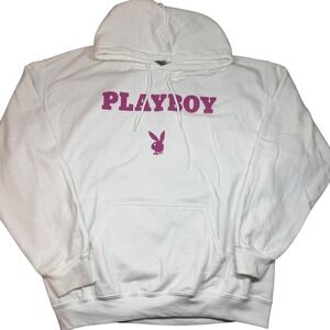 Playboy Bunny White Hoodie Pink Logo‎ Checkerboard Graphic Womens Large Cotton